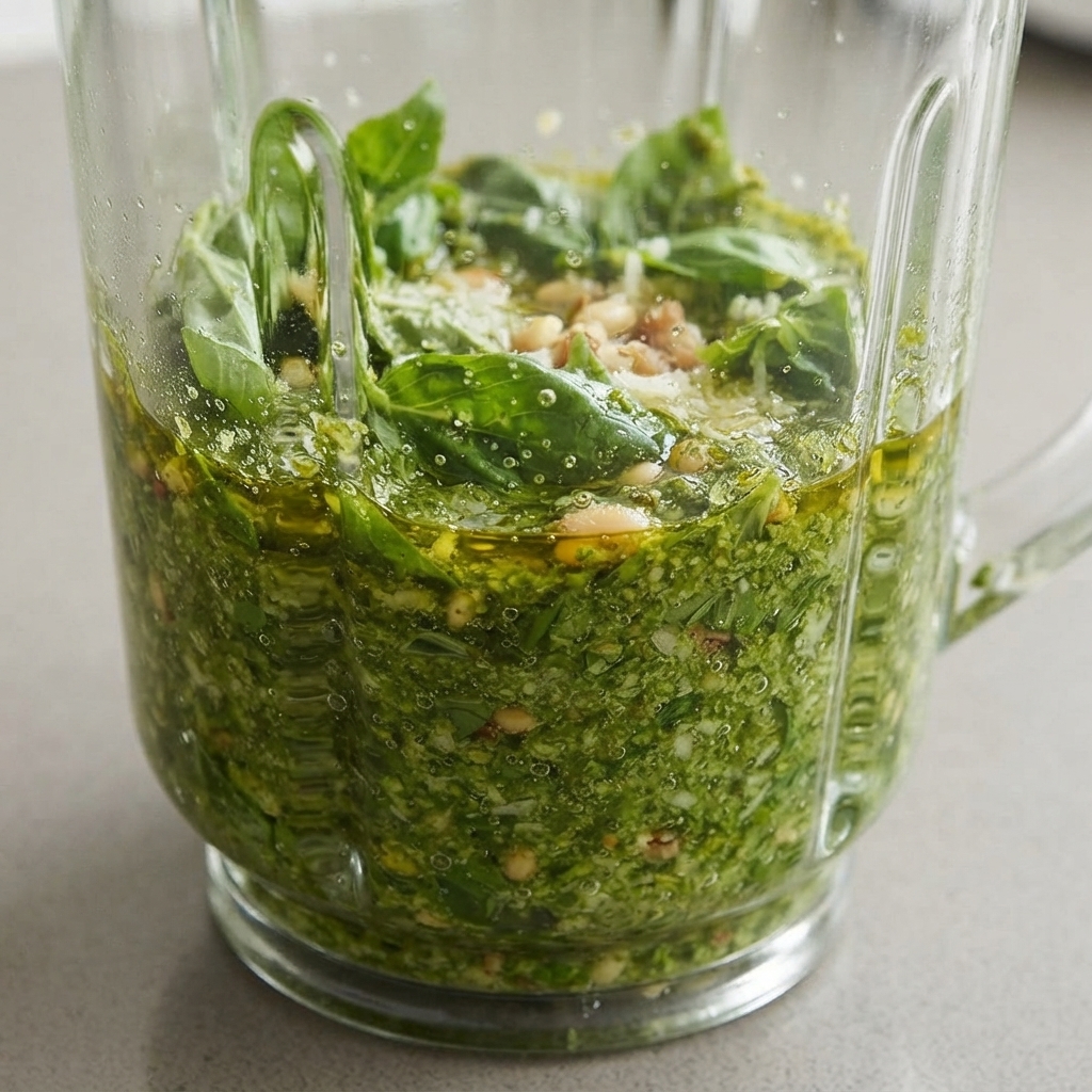 Sauce pesto au basilic fraîchement mixée à lintérieur dun récipient en verre avec une spatule.