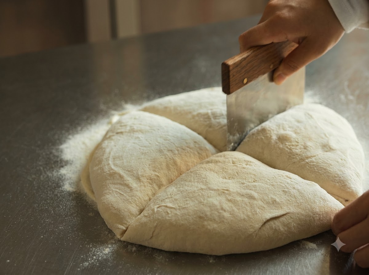 Une cornette à pâte en métal coupant une grande boule de pâte à pizza en quatre sections.