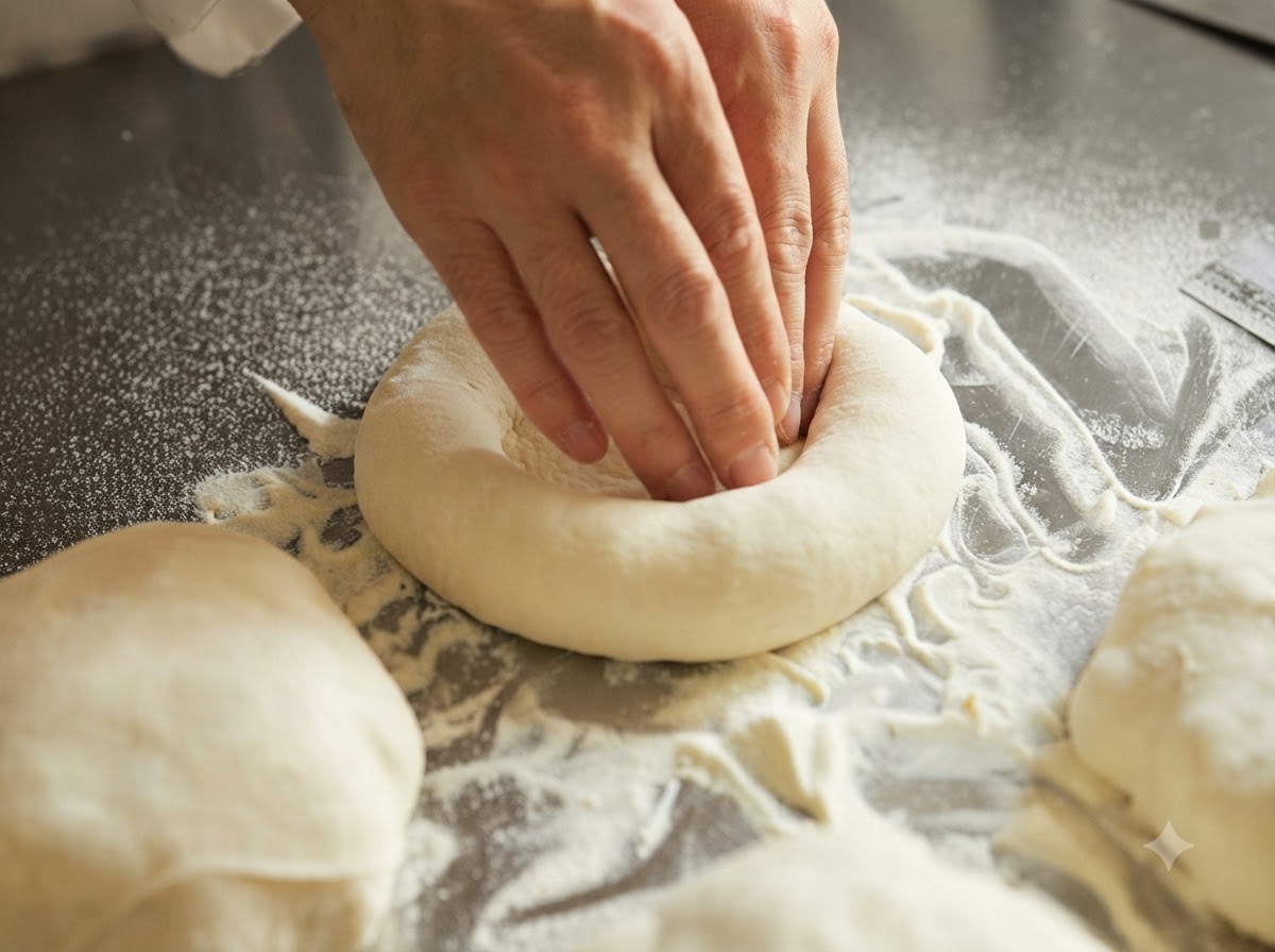 Des mains en train dappuyer et de façonner une boule de pâte à pizza en un disque circulaire.