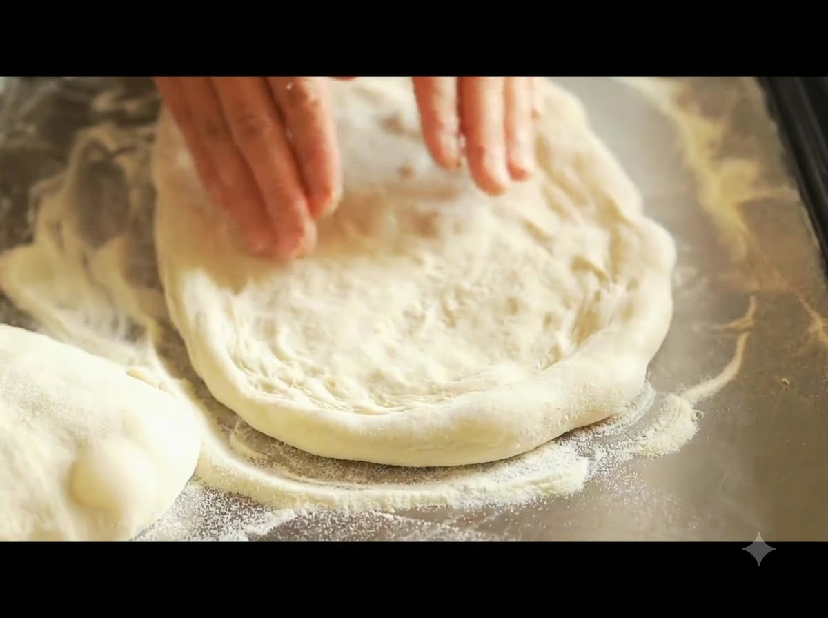 De la sauce pesto verte étalée uniformément sur une base de pâte à pizza ronde.