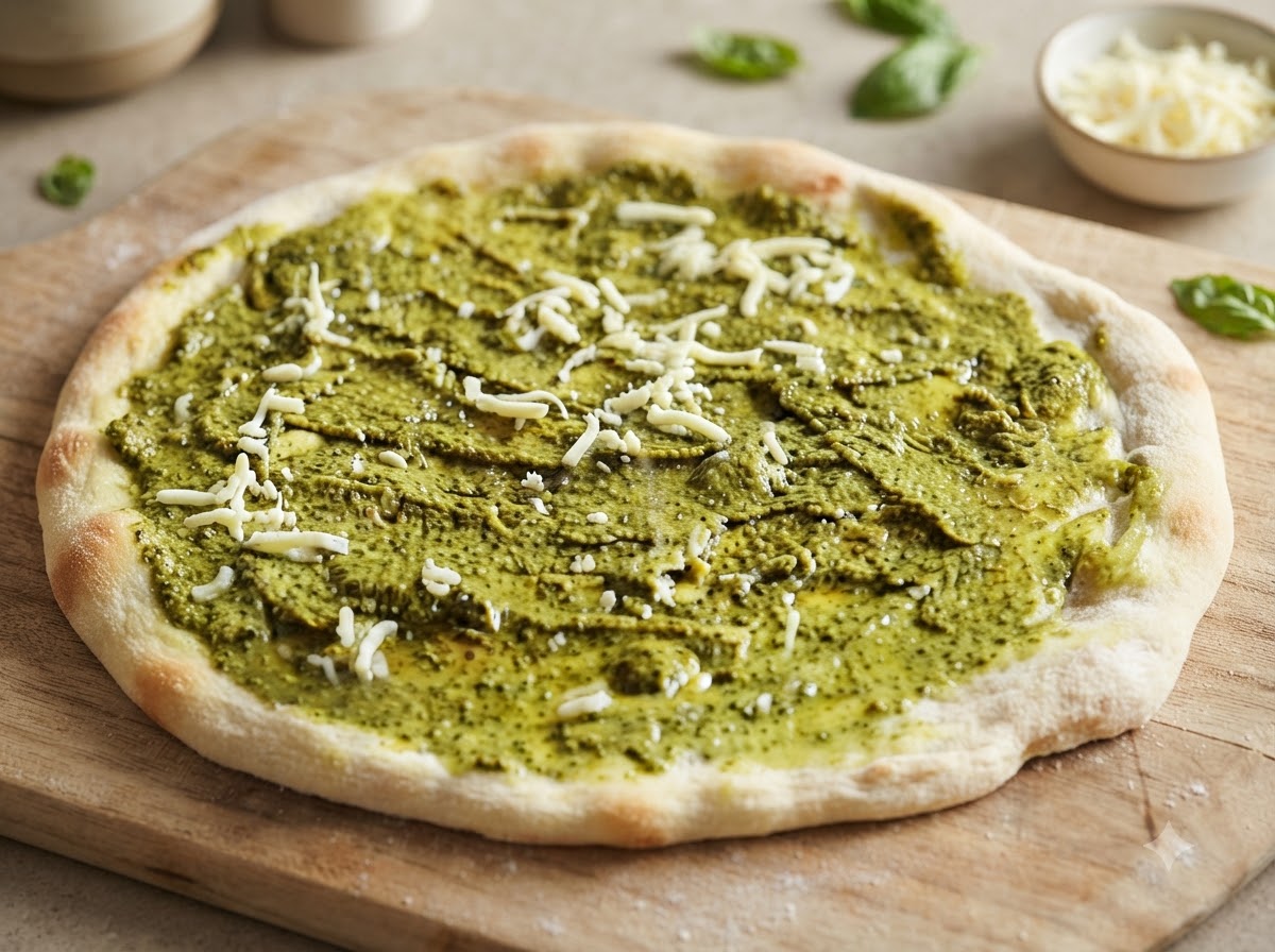 Une croûte de pizza recouverte de sauce pesto et parsemée de brins de mozzarella râpée.