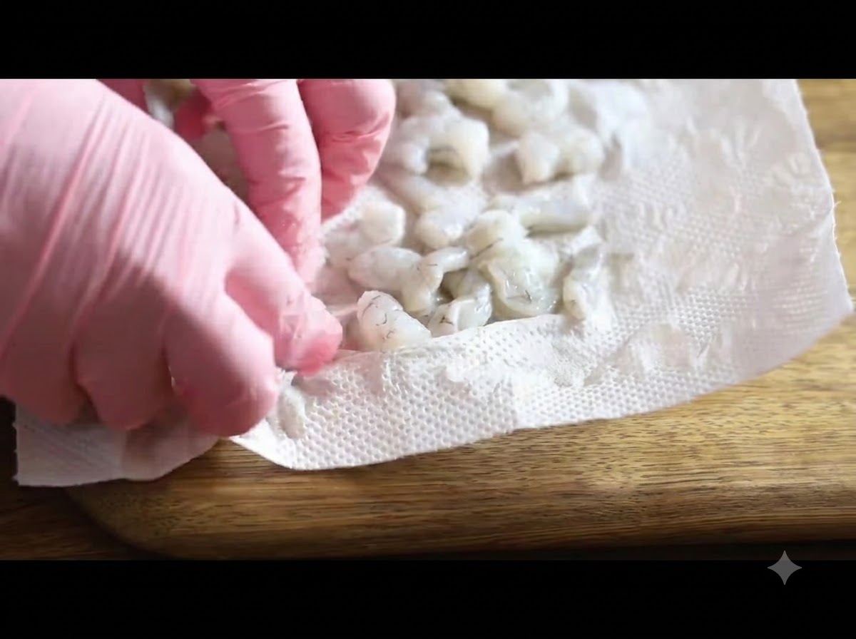 Des mains gantées pressant du papier absorbant contre des morceaux de crevettes crues disposés sur une planche en bois.