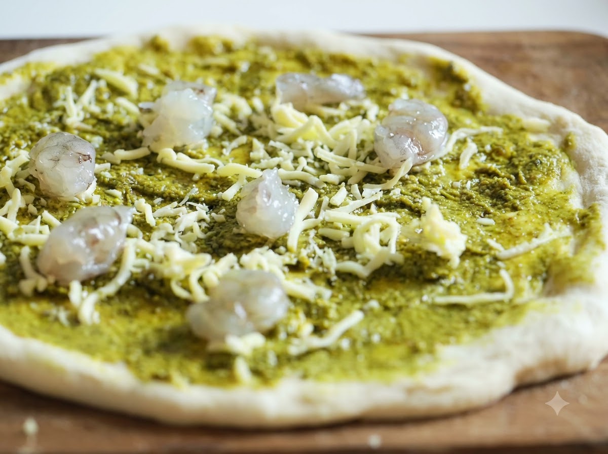 Des morceaux de crevettes crues répartis uniformément sur une base de pizza recouverte de pesto et de fromage.