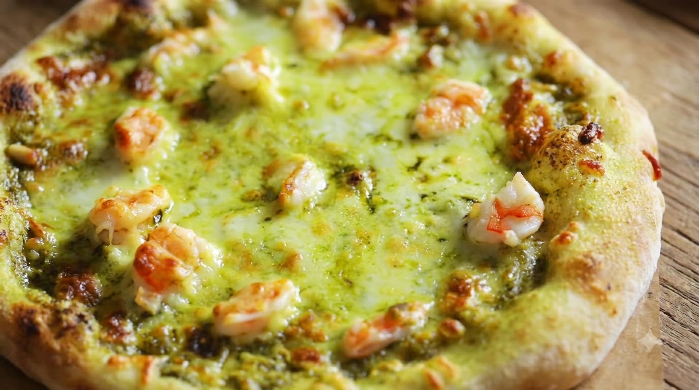 Pizza rustique au pesto de basilic et aux crevettes