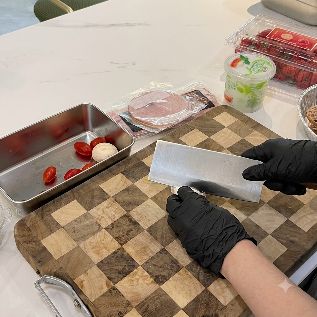 Découpe de tomates cerises en deux sur la planche à découper.