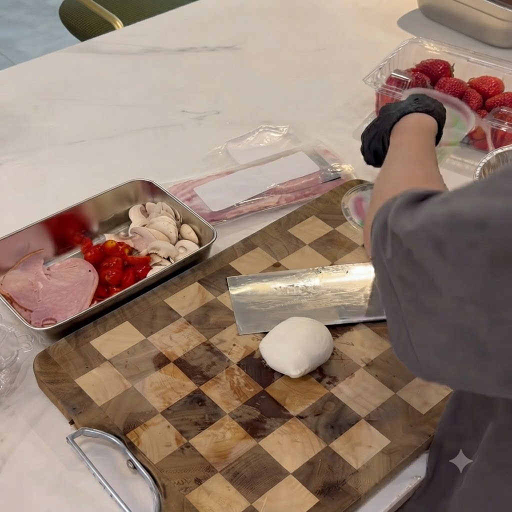 Tranchage de boules de mozzarella fraîche sur la planche à découper.