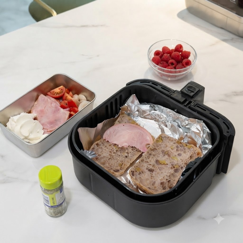 Placement de tranches de jambon sur des tranches de pain alignées avec du papier aluminium à lintérieur dun panier dair fryer.