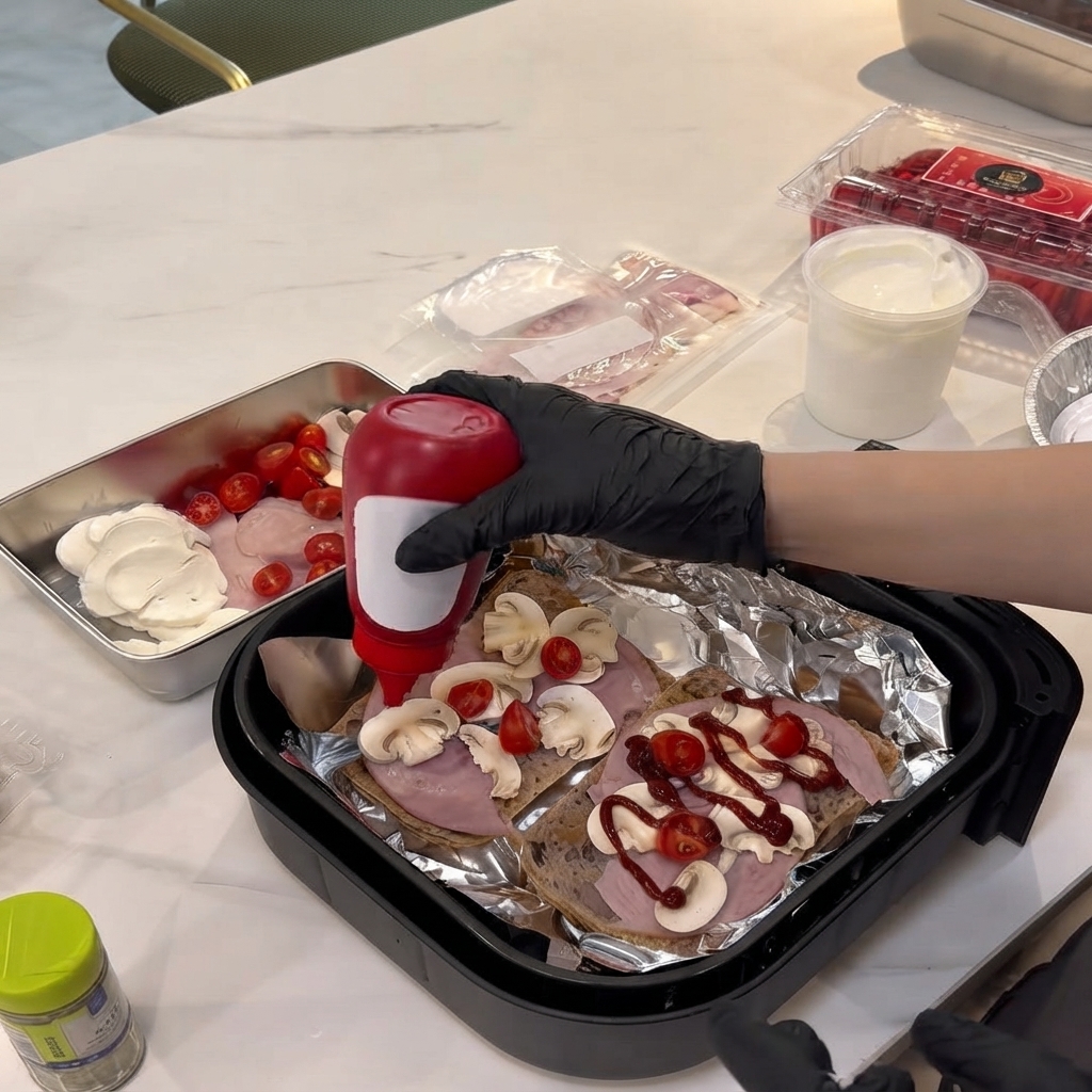 Une main gantée pressant une bouteille rouge de ketchup sur les champignons tranchés et le jambon sur le pain.