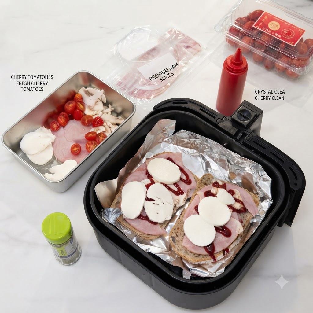 Épaisses tranches de mozzarella fraîche disposées proprement sur le jambon et les garnitures à lintérieur de lair fryer.