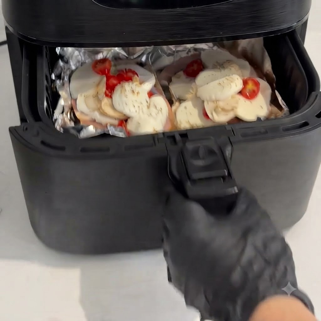 Une main gantée fermant le panier de lair fryer avec les portions de pizza préparées à lintérieur.