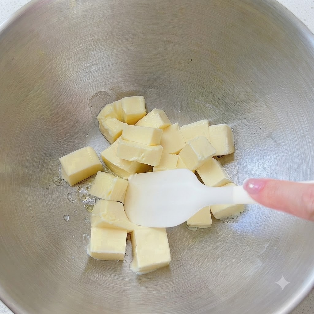 Des cubes de beurre ramolli et du sucre glace mélangés dans un bol en métal avec une spatule blanche.