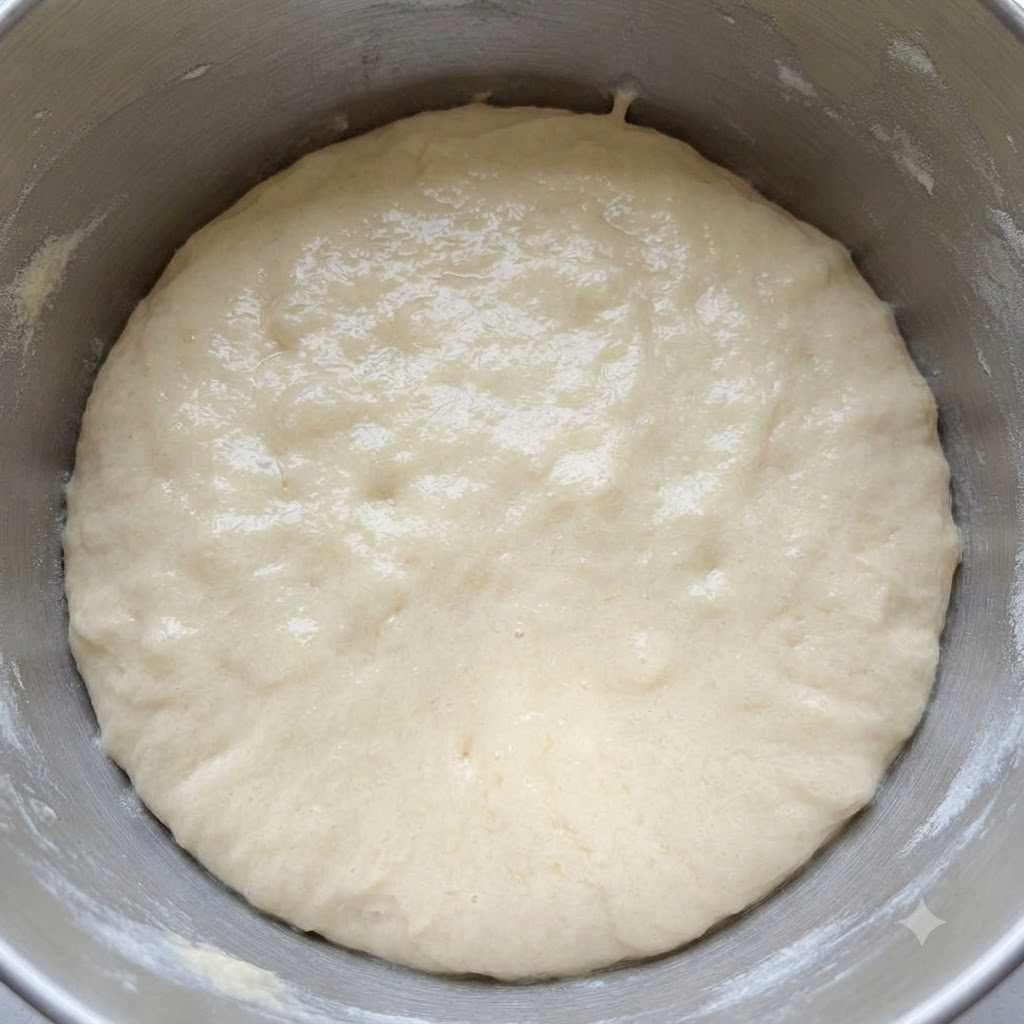 Une boule de pâte à biscuits lisse et cohérente reposant à lintérieur dun bol mélangeur en acier inoxydable.