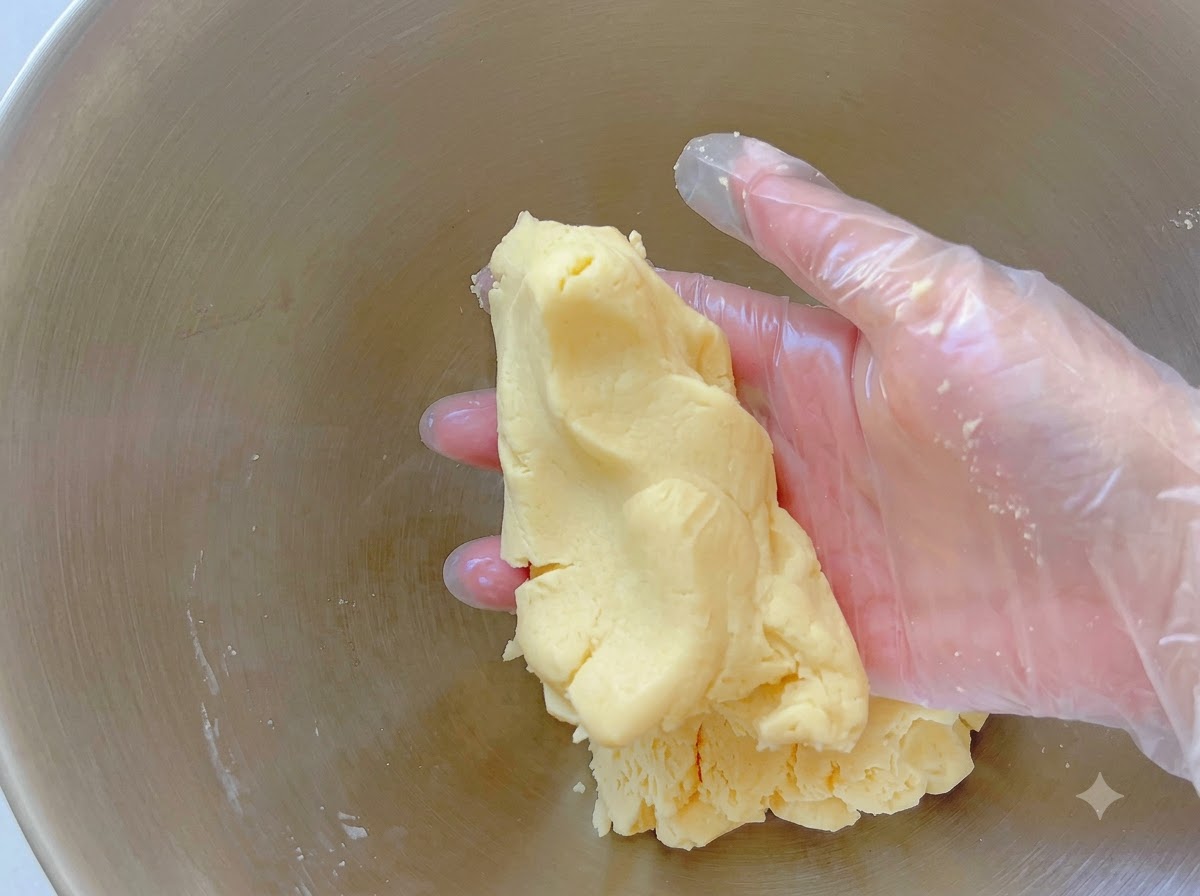 Une main gantée tenant une portion de pâte à biscuits jaunâtre à lintérieur dun bol mélangeur.
