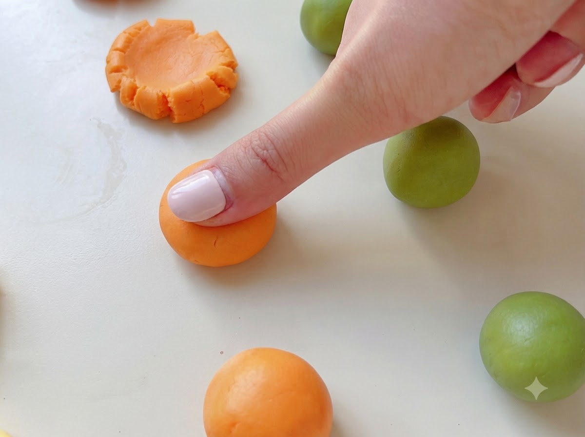 Un doigt appuyant délicatement sur une boule de pâte orange pour laplatir.