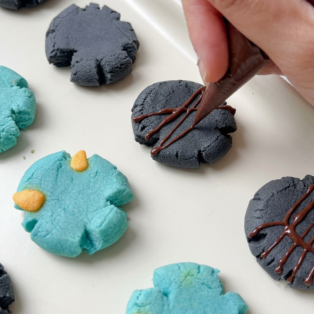 Une poche à douille dessinant des lignes de chocolat complexes sur des biscuits sombres cuits.