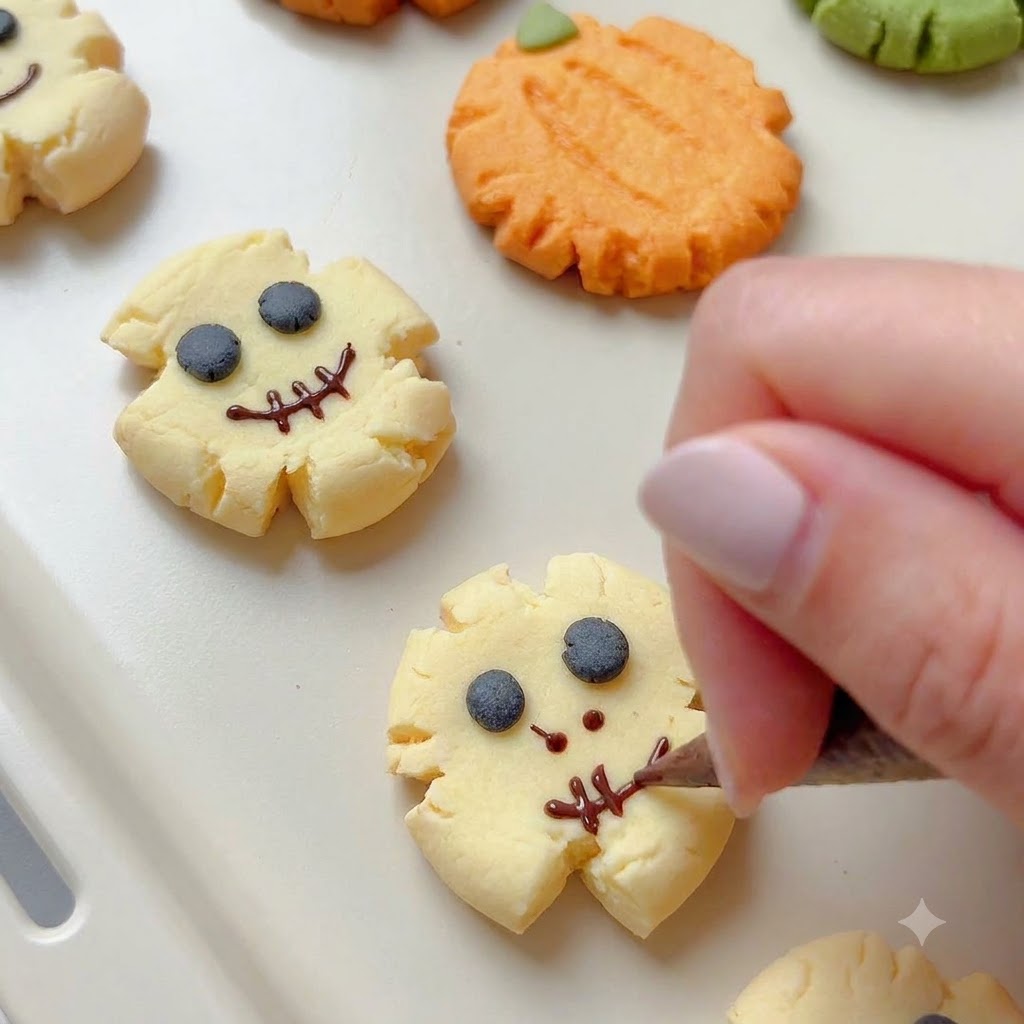 Une poche à douille ajoutant des sourires cousus effrayants et des yeux sur des crânes de biscuits cuits.