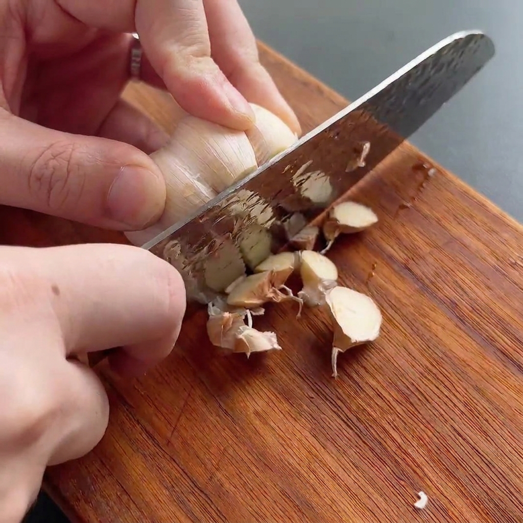 Une tête dail entière coupée sur le dessus avec un couteau bien aiguisé sur une planche en bois.