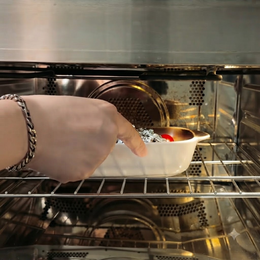 Un plat de cuisson en céramique blanche contenant lail enveloppé et les tomates cerises placé sur la grille du four.