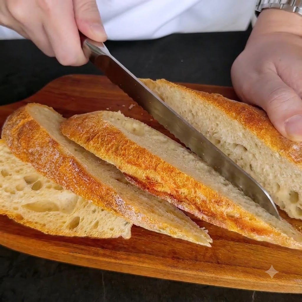 Une miche de pain croustillant coupée en tranches diagonales avec un couteau à pain sur une planche en bois.