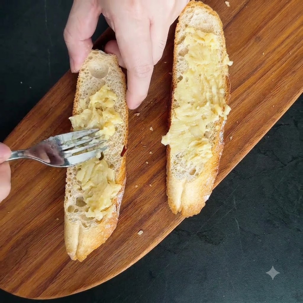Purée dail rôti étalée sur des tranches de baguette grillées à laide dune fourchette sur une planche à découper.