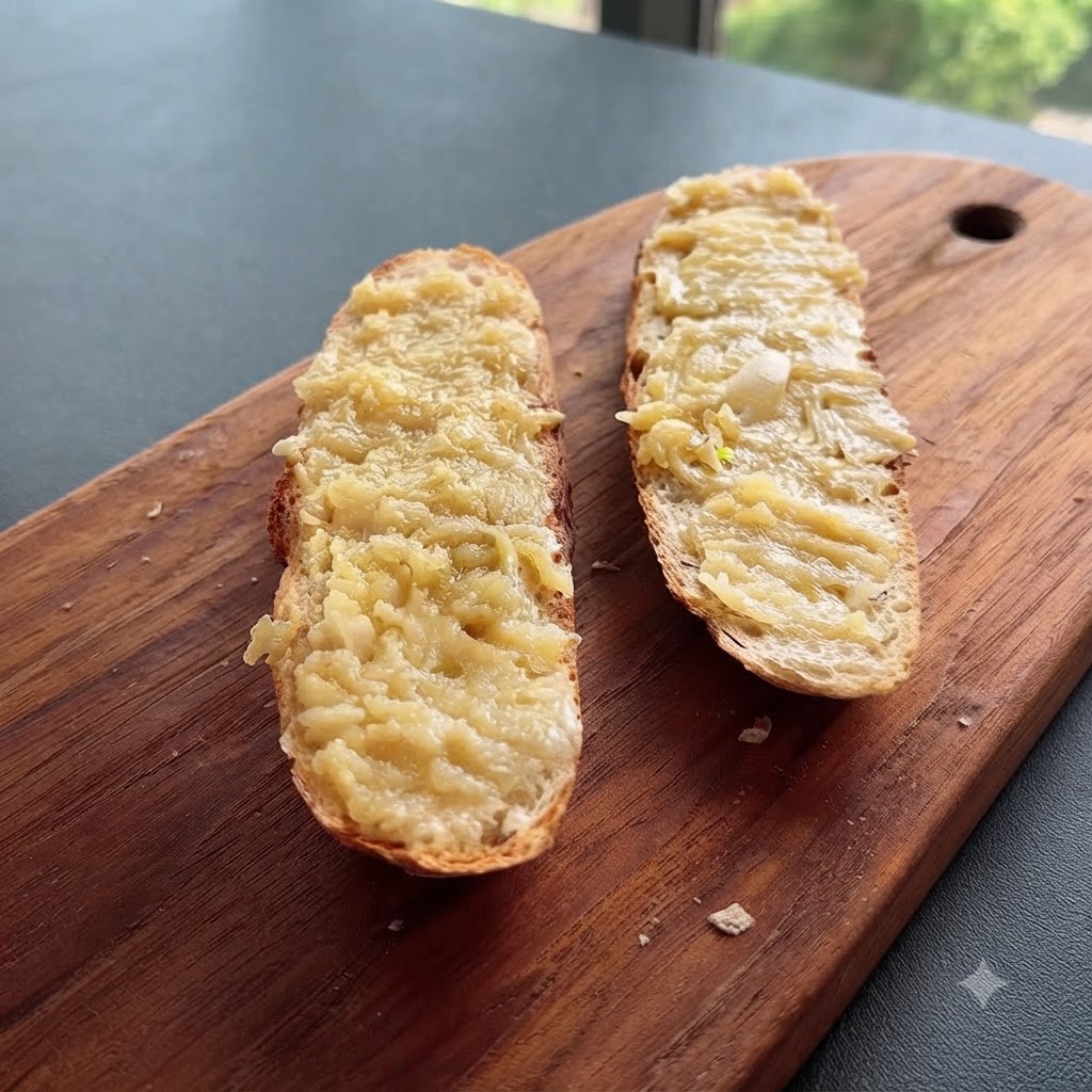 Feuilles de roquette bien vertes soigneusement disposées sur des tranches de baguette à lail.