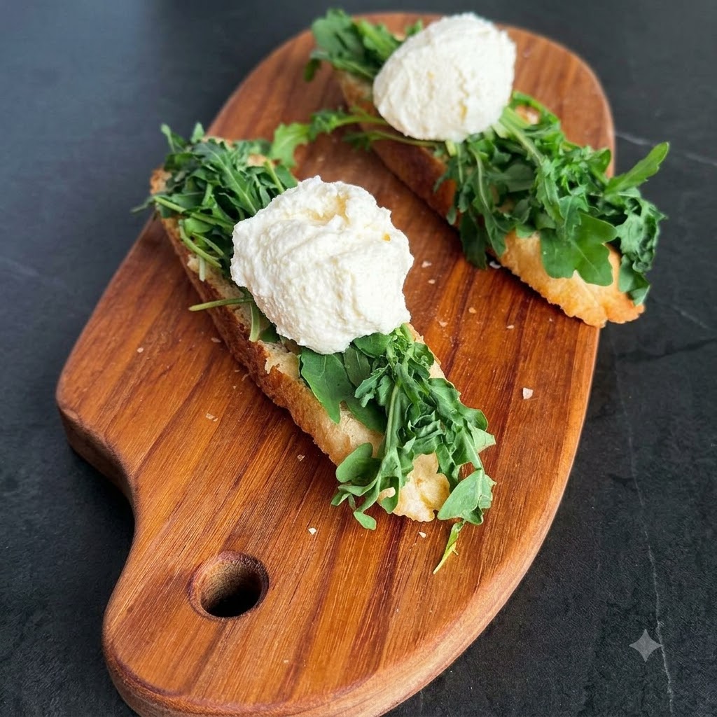 Une belle cuillerée de fromage blanc crémeux déposée sur le lit de roquette dune tartine.