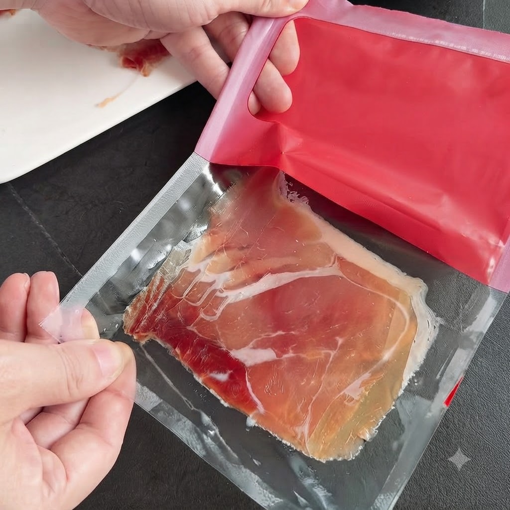 Gros plan sur des mains ouvrant un paquet sous vide de tranches de jambon espagnol affiné.