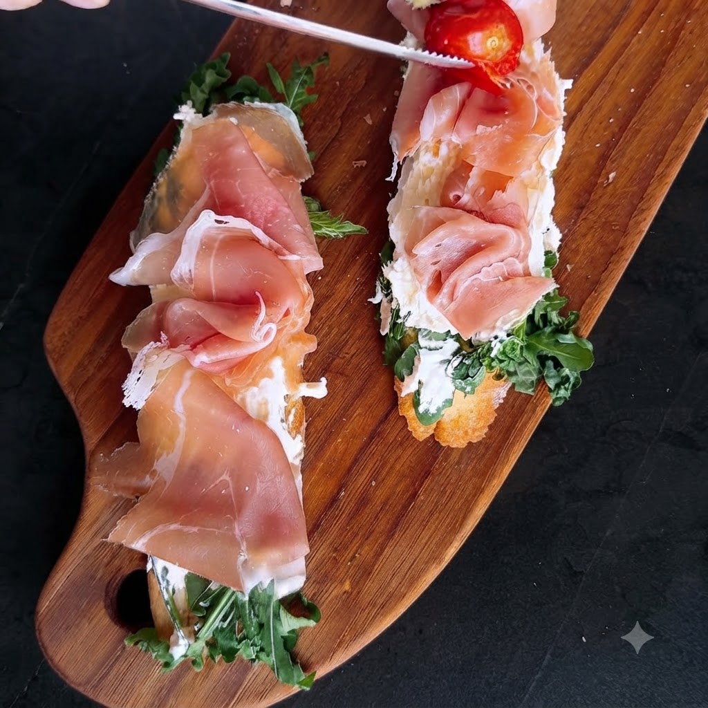 Pince déposant des tomates cerises rôties bien colorées sur des tapas assemblées au jambon et fromage.