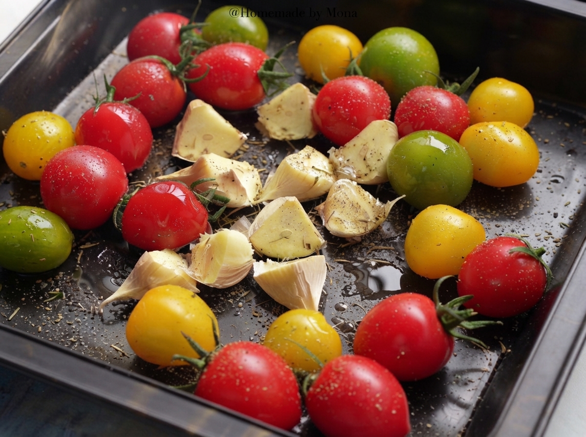 Une plaque de cuisson avec des tomates et de lail assaisonnés placée à lintérieur dun four chaud.