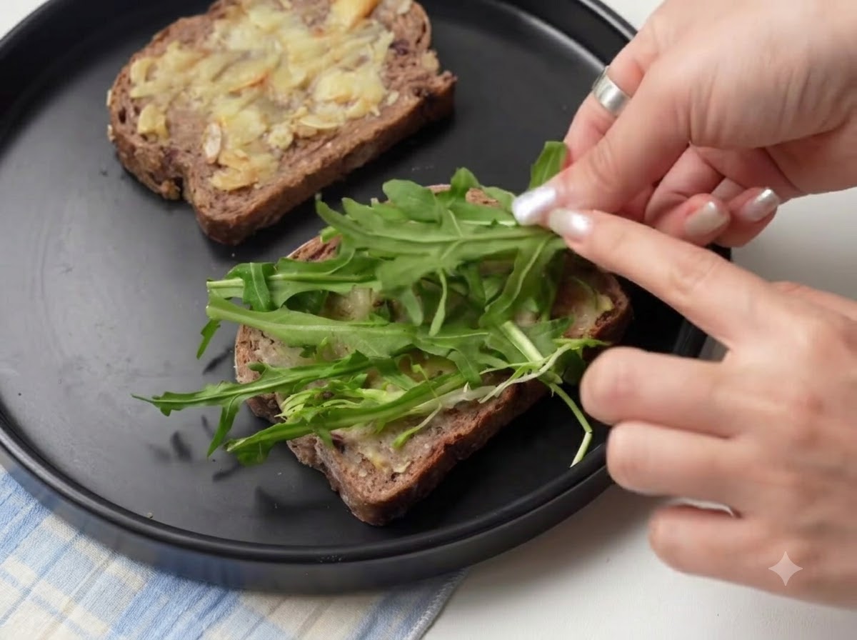 Des feuilles de roquette fraîchement disposées sur des tranches de pain garnies dail rôti.