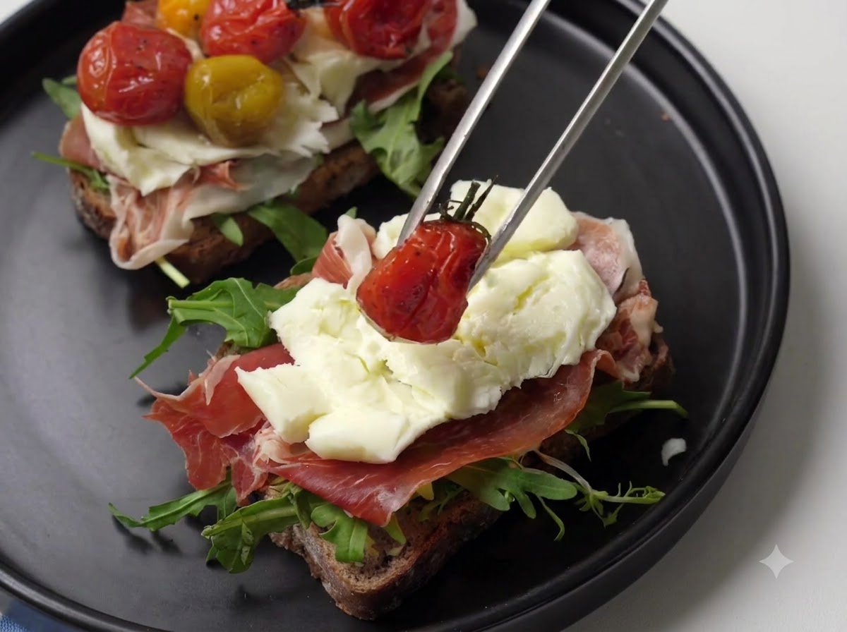 Des pinces de cuisine plaçant une tomate cerise rôtie et chaude sur la tartine assemblée.
