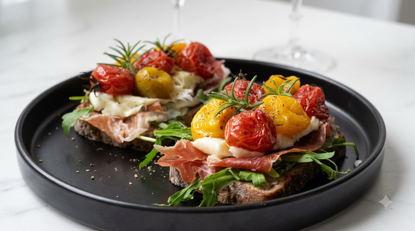 Tartine de Pain Rustique aux Tomates Rôties et Jambon Cru