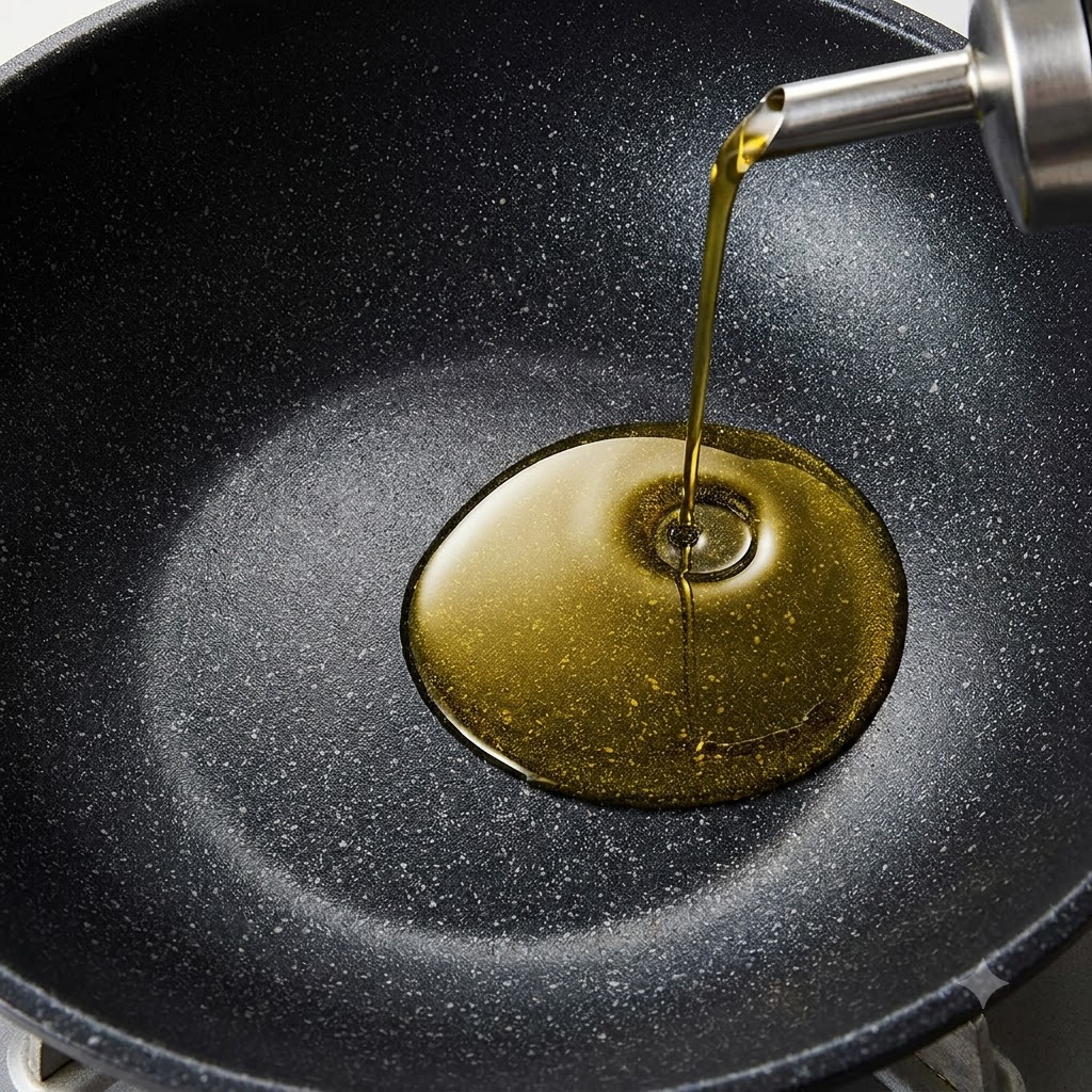 Huile de cuisson versée dans un wok noir chauffé sur le brûleur dune cuisinière.