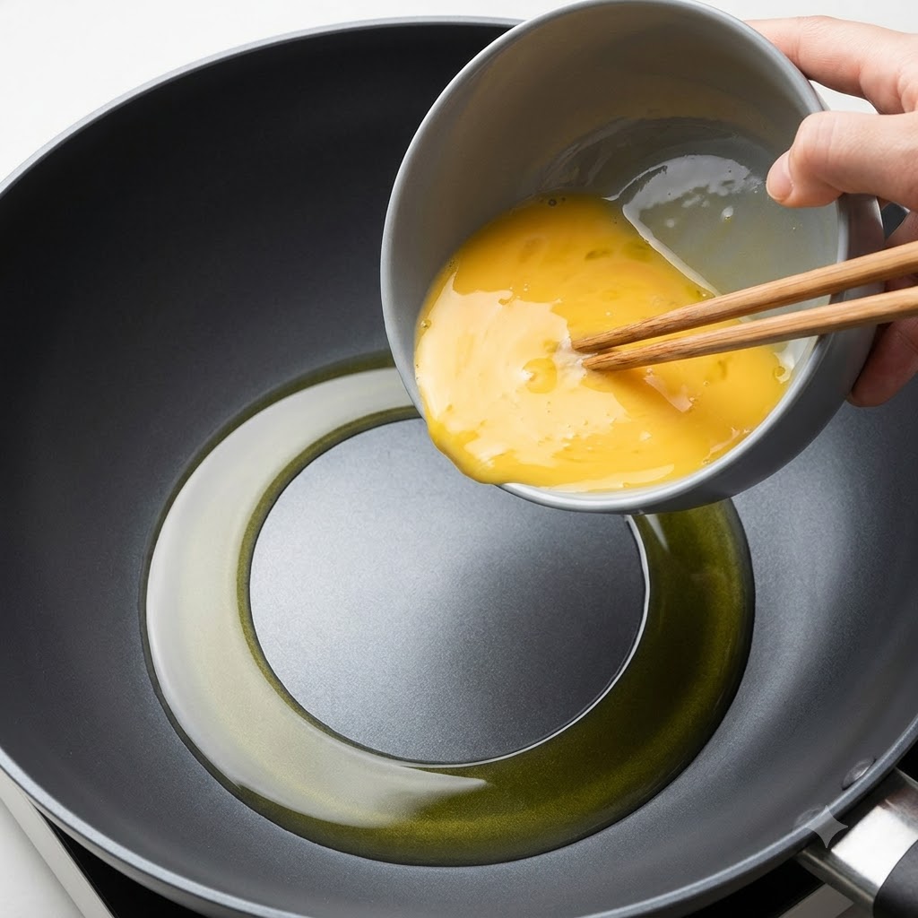 Mélange dœufs battus versé dun bol gris dans un wok chaud huilé.