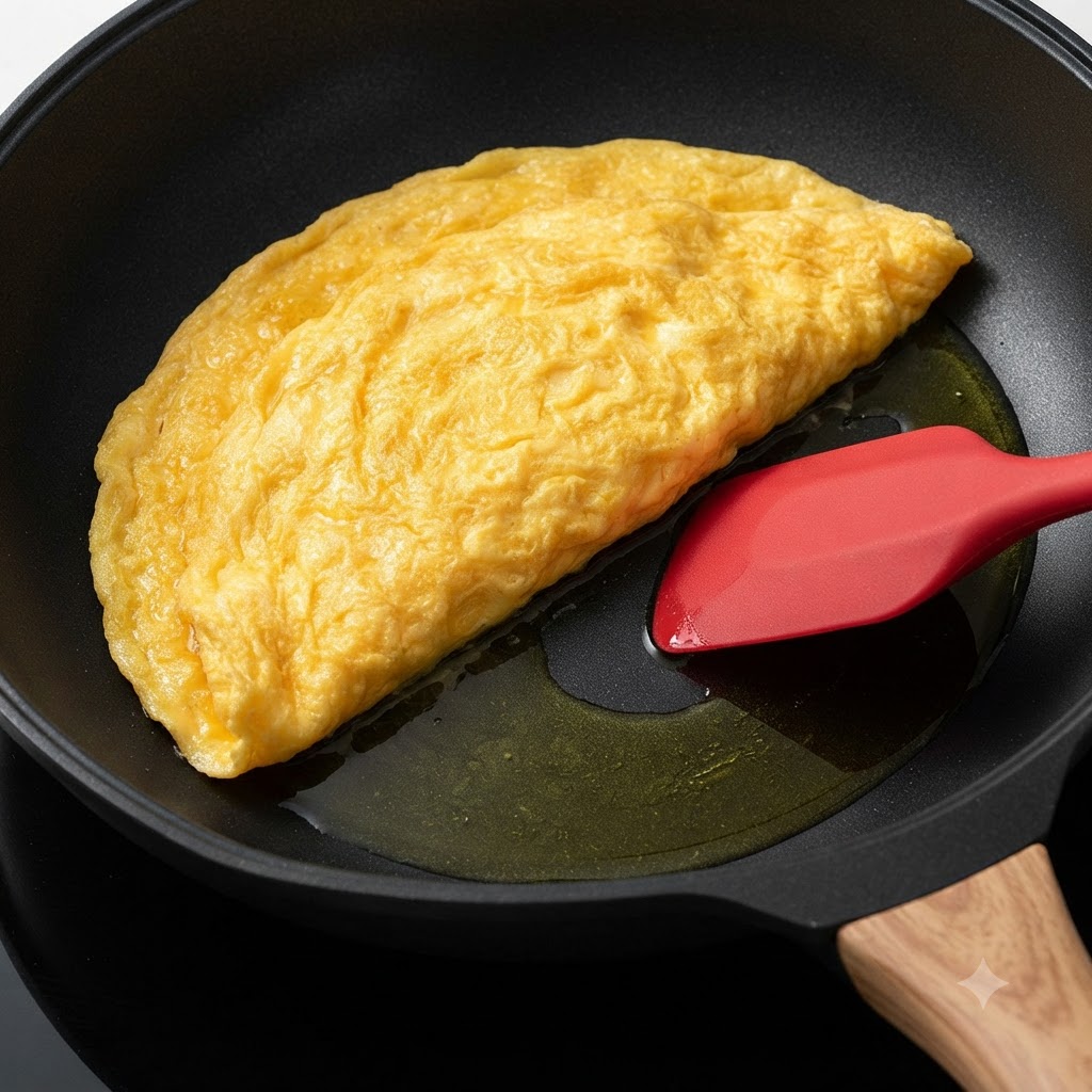 Œufs cuits remués dans un wok à laide dune spatule en silicone rouge.