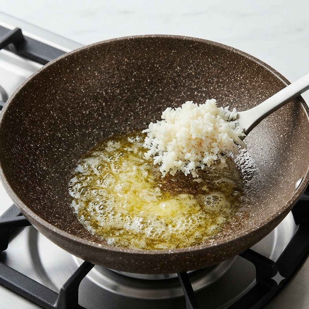 Riz blanc cuit ajouté à laide dune spatule dans du beurre fondu dans une poêle.