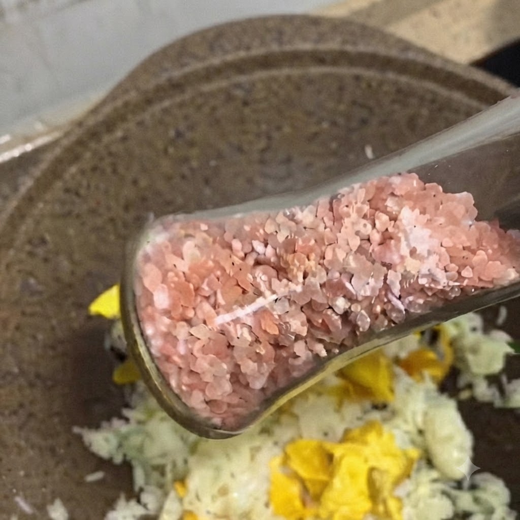 Moulin en verre saupoudrant des flocons de sel rose et du poivre noir sur le riz sauté dans une poêle.