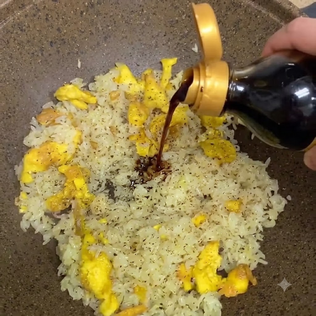 Sauce spéciale foncée versée à partir dune bouteille souple au centre du riz sauté dans une poêle.
