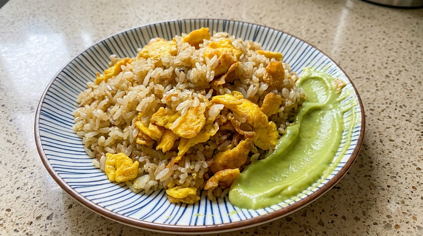Riz sauté au beurre et aux œufs avec sauce avocat