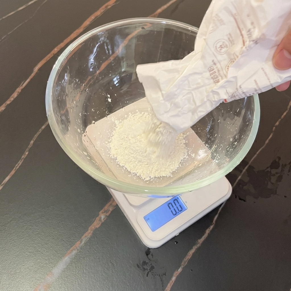 Une balance de cuisine numérique soutenant un bol en verre rempli de farine tandis quun sac verse plus de farine.