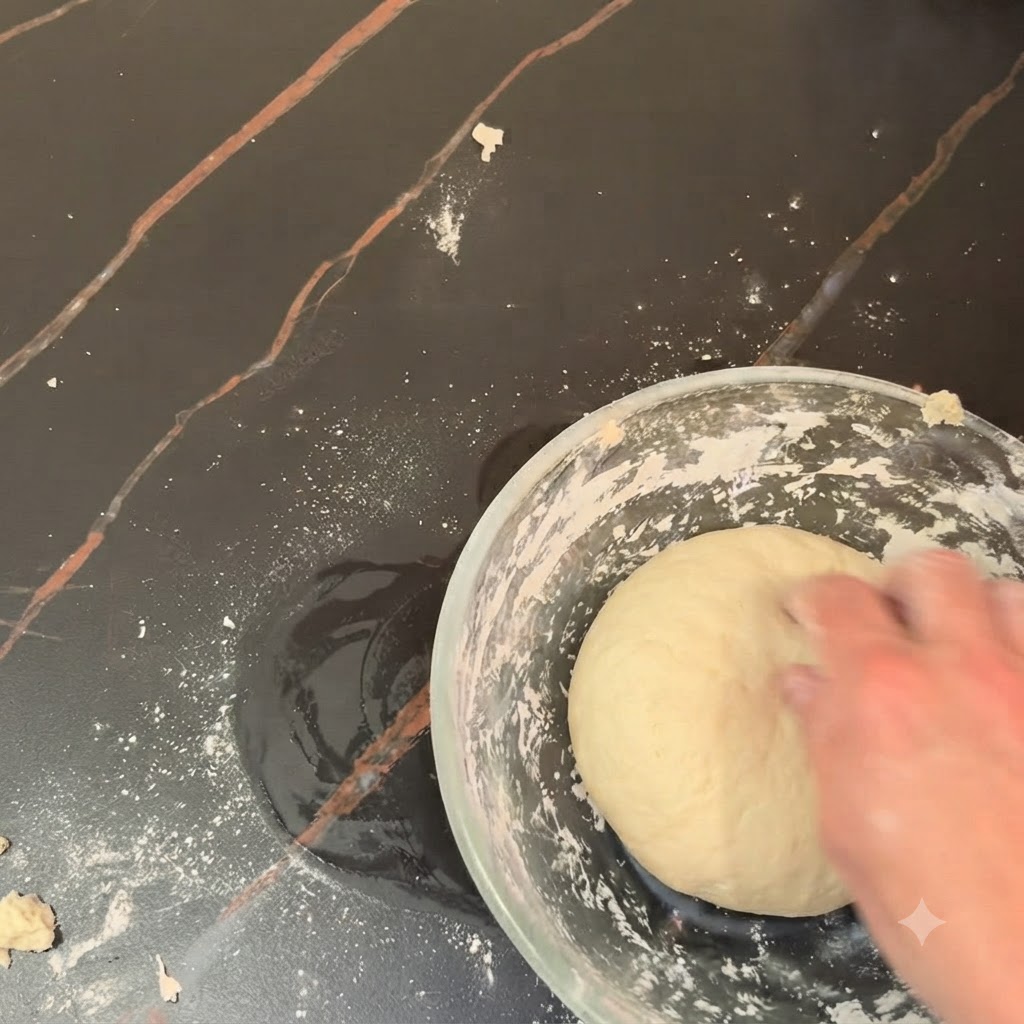 Une main pétrissant une boule de pâte à pizza lisse à lintérieur dun bol en verre sur un plan de travail sombre.