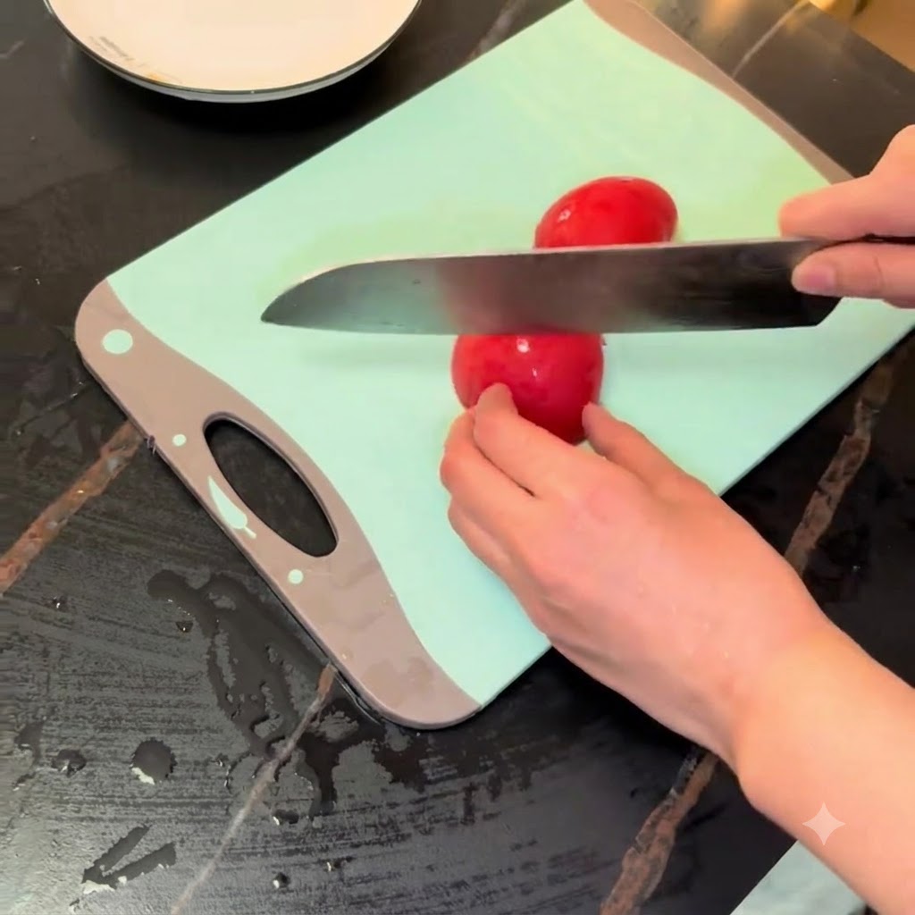 Un couteau de chef tranchant une tomate rouge sur une planche à découper vert clair à côté dune assiette blanche.
