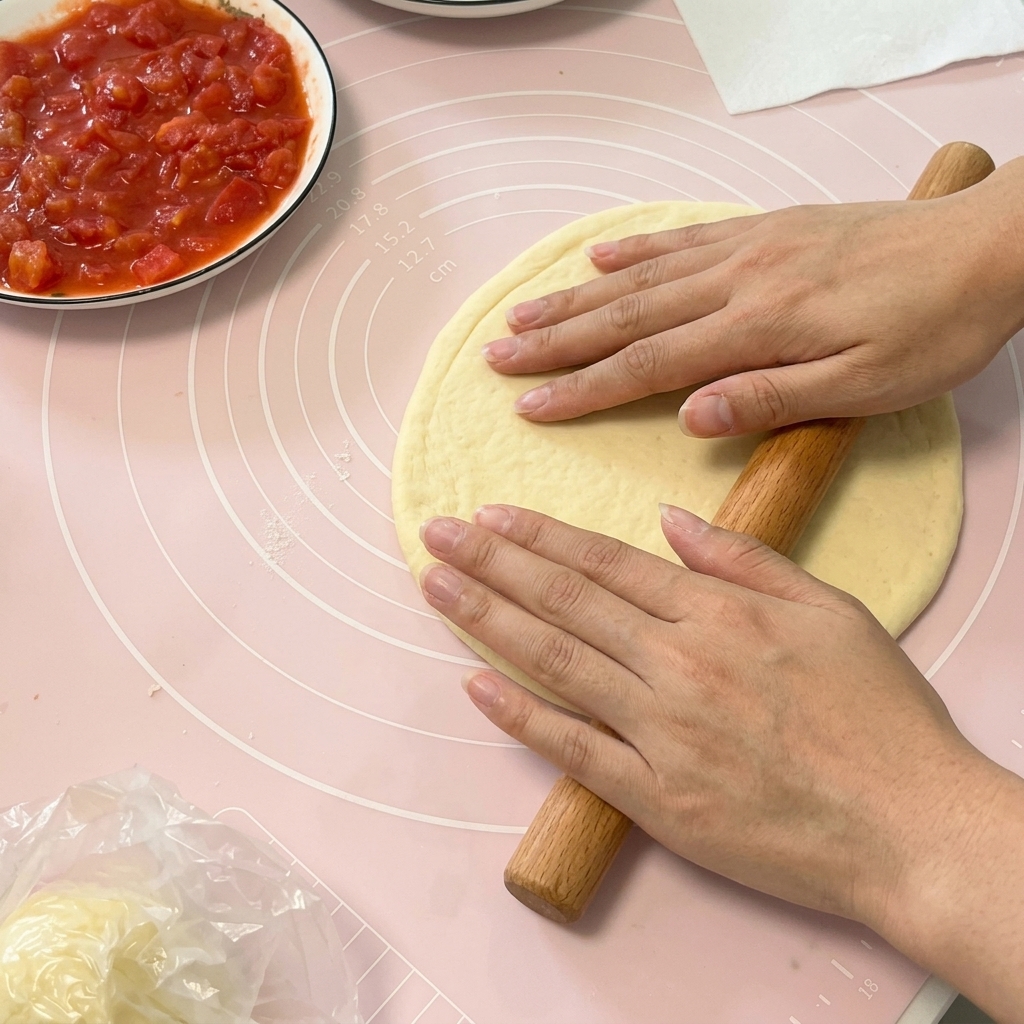 Deux mains utilisant un rouleau à pâtisserie en bois pour aplatir la pâte à pizza en une fine feuille circulaire sur un tapis en silicone rose.