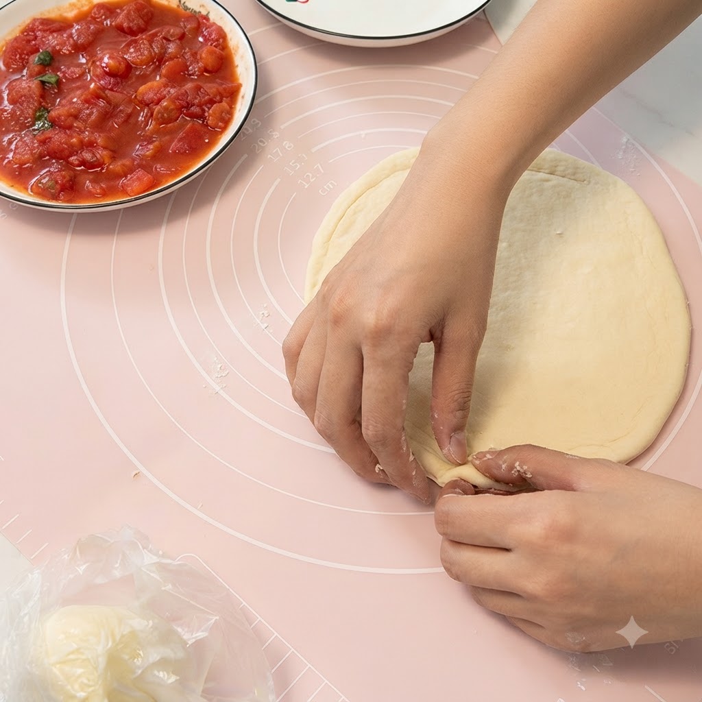 Des mains repliant le bord dun cercle de pâte étalée vers lintérieur pour former une croûte de pizza surélevée sur un tapis en silicone rose.