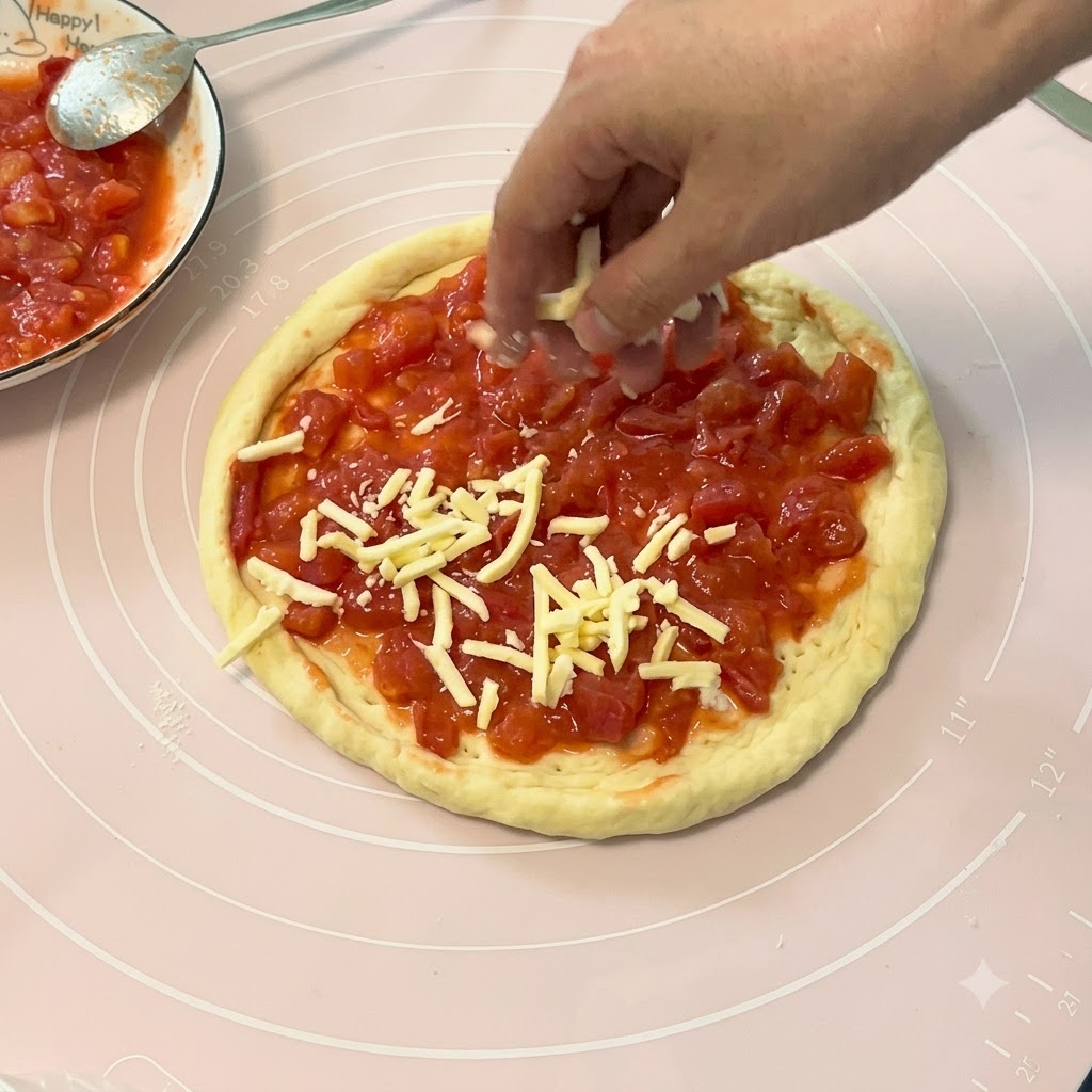Une main saupoudrant du fromage râpé sur une couche de tomates coupées en dés cuites étalées sur une base de pâte à pizza crue.