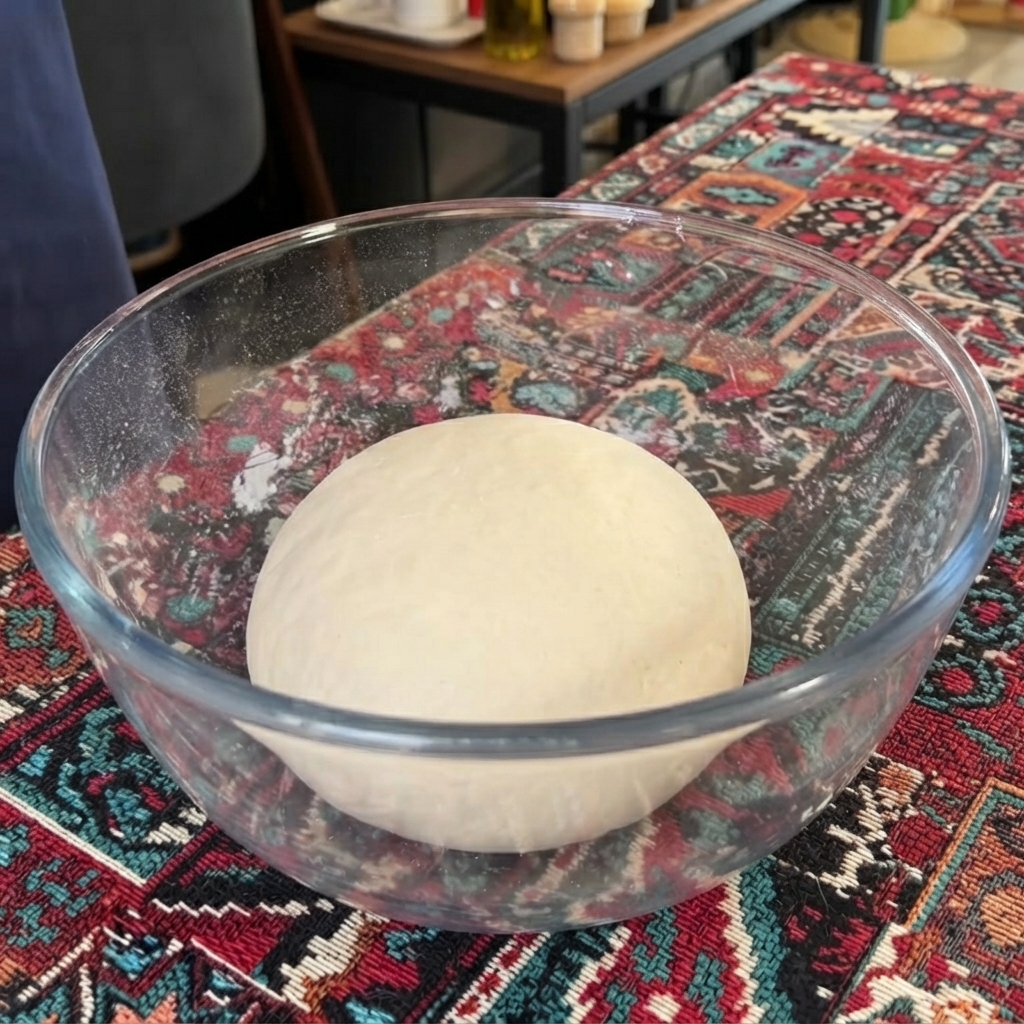 Une boule de pâte ronde et lisse reposant à lintérieur dun bol en verre après avoir été enrobée dhuile dolive.