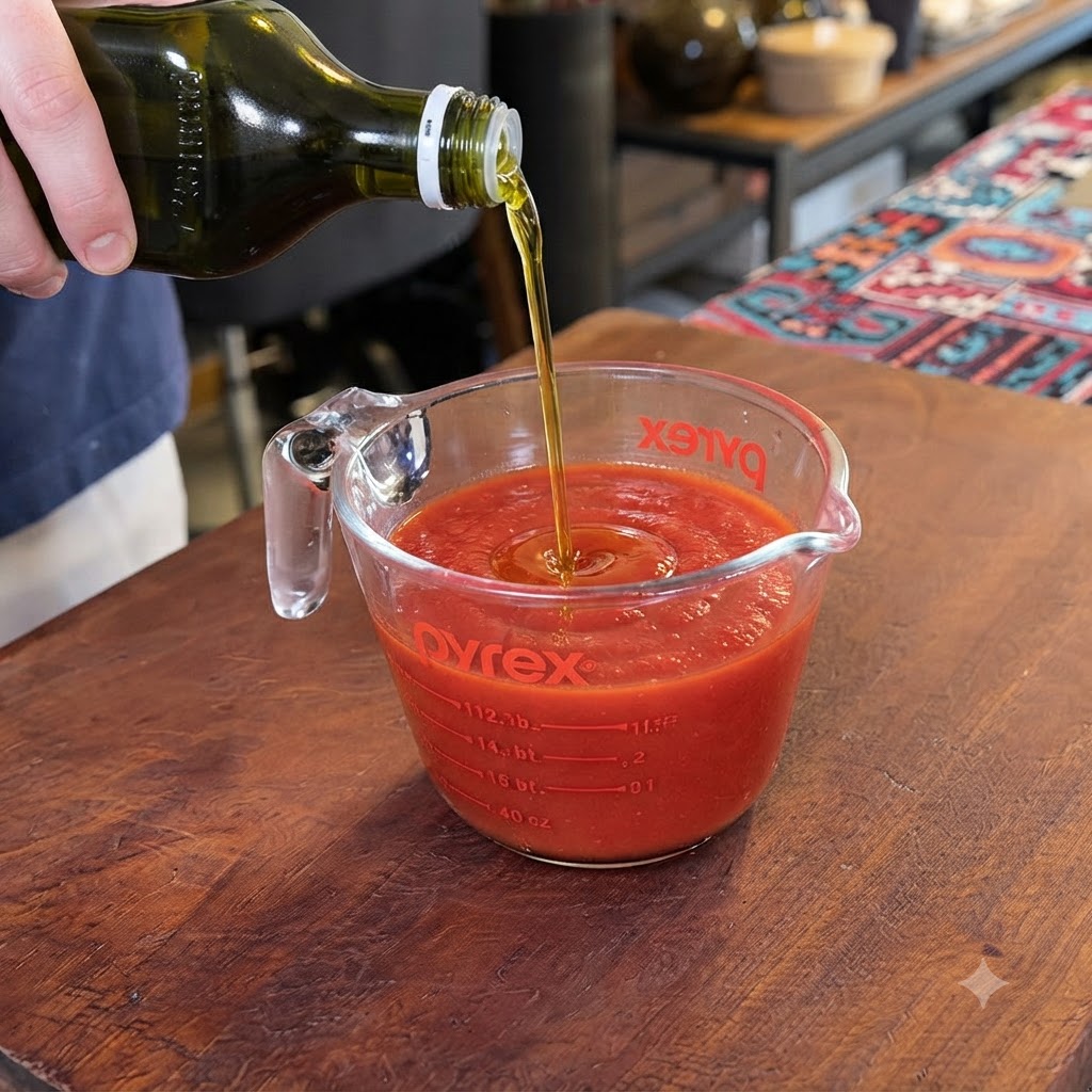 De lhuile dolive versée dune bouteille en verre dans une tasse à mesurer transparente remplie de sauce tomate rouge.