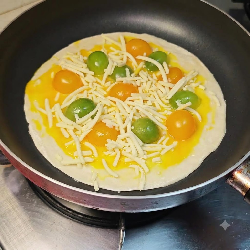 Du ketchup pressé en zigzag sur la base de la crêpe au fromage dans la poêle.