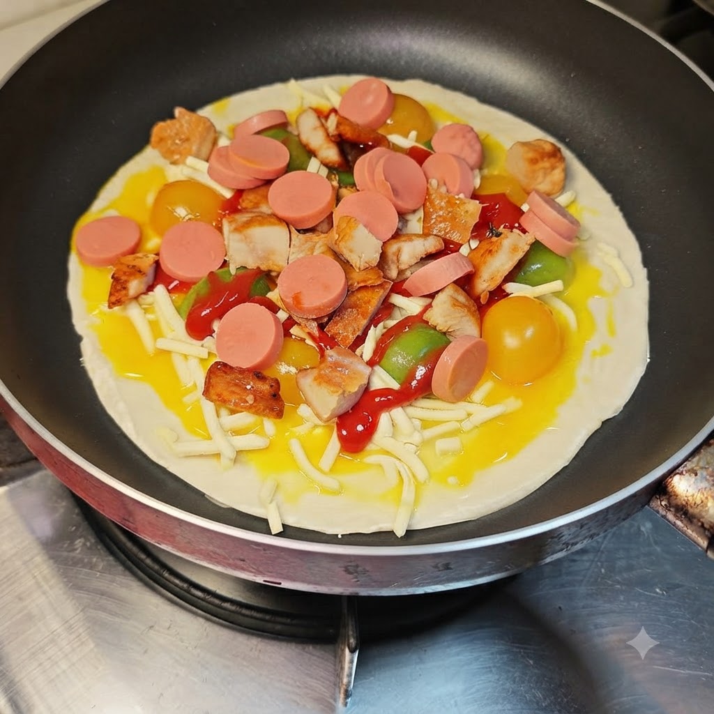 Des rondelles de saucisse de jambon réparties uniformément sur les garnitures dans la poêle.