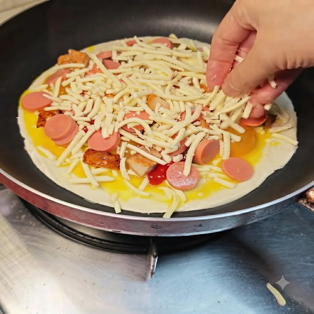 Une main parsemant une généreuse poignée de fromage râpé sur les garnitures de la pizza.